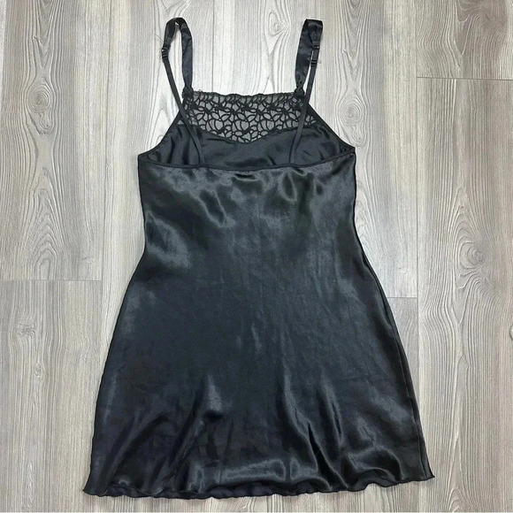 Black Satin Mini Slip Dress with Lace Details - Picture 3 of 3